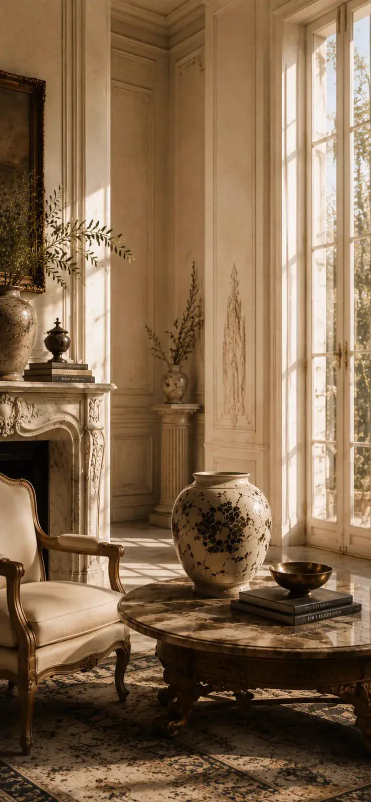 A sunlit salon with a marble fireplace, gilt armchair and a hand-glazed urn